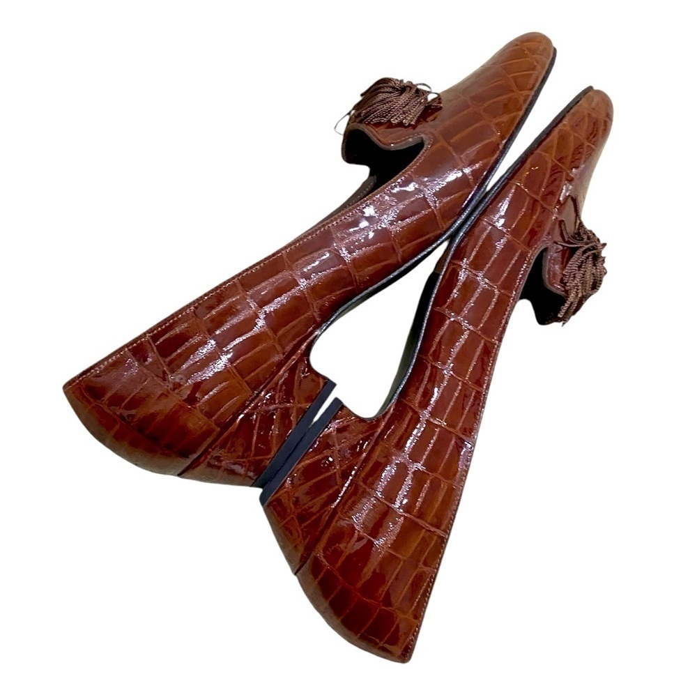 Nwot Selby comfort flex patent leather slip on caramel faux croc tassel bow sz 9